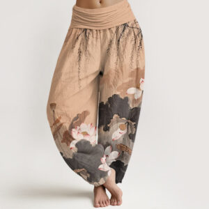 Casual Ink Lotus Flower Pattern Women's Elastic Waist Harem Pants - Image 5