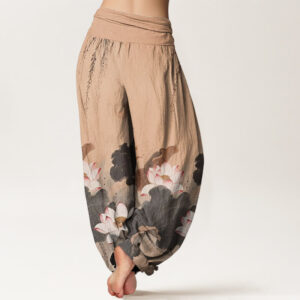 Casual Ink Lotus Flower Pattern Women's Elastic Waist Harem Pants - Image 7