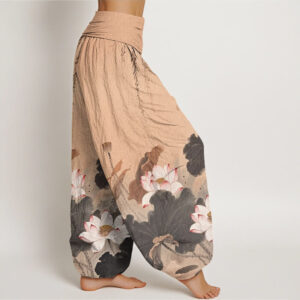 Casual Ink Lotus Flower Pattern Women's Elastic Waist Harem Pants - Image 6
