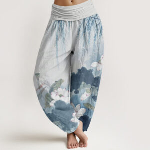 Casual Ink Lotus Flower Pattern Women's Elastic Waist Harem Pants - Image 8