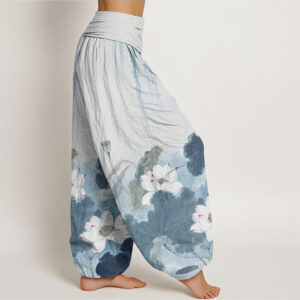 Casual Ink Lotus Flower Pattern Women's Elastic Waist Harem Pants - Image 9