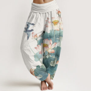 Casual Summer Lotus Pond Pattern Women's Elastic Waist Harem Pants