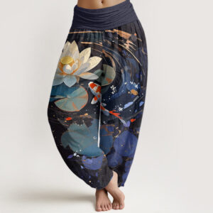 Casual Summer Lotus Pond Koi Fish Pattern Women's Elastic Waist Harem Pants