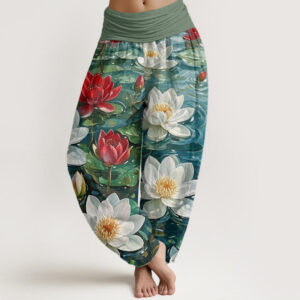 Casual Blooming Red Lotus Flower Pattern Women's Elastic Waist Harem Pants