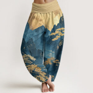 Casual Mountains Trees Branches Pattern Women's Elastic Waist Harem Pants