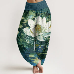 Casual Charming Lotus Flower Pattern Women's Elastic Waist Harem Pants
