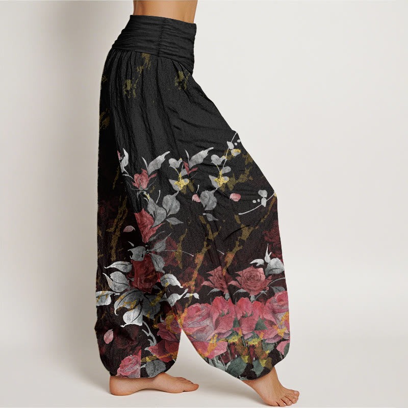Pure Cotton Blooming Roses Pattern Women's Elastic Waist Harem Pants - Image 3