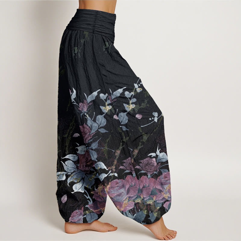 Pure Cotton Blooming Roses Pattern Women's Elastic Waist Harem Pants - Image 8