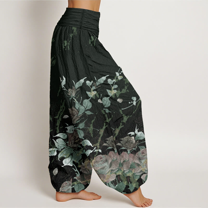 Pure Cotton Blooming Roses Pattern Women's Elastic Waist Harem Pants - Image 11