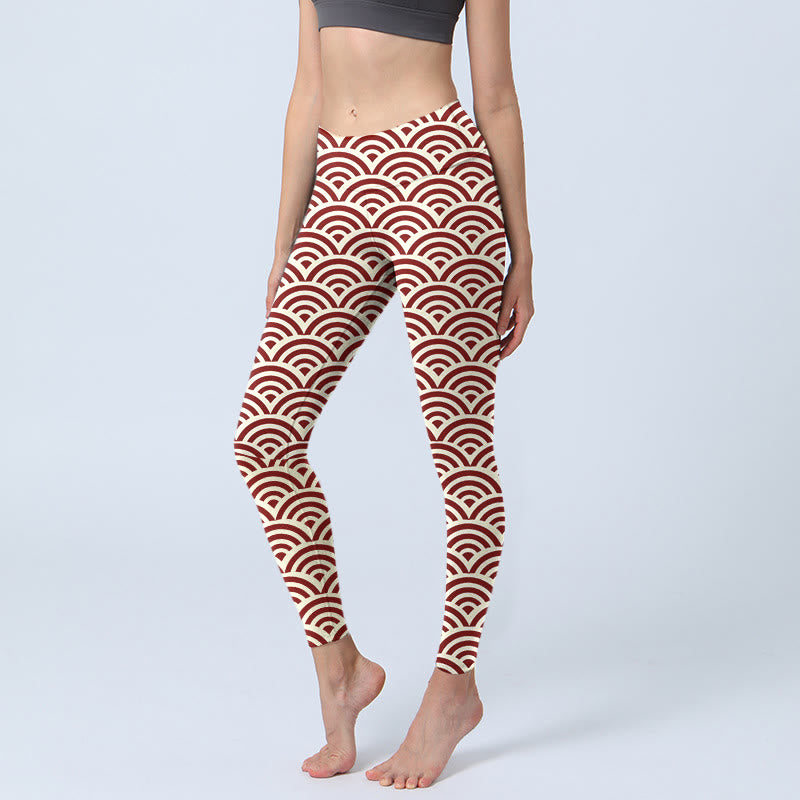 Red Beige Fan Shapes Print Gym Leggings Women's Yoga Pants