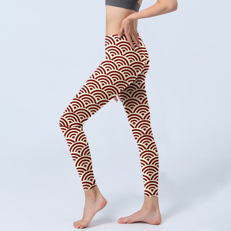 Red Beige Fan Shapes Print Gym Leggings Women's Yoga Pants - Image 3