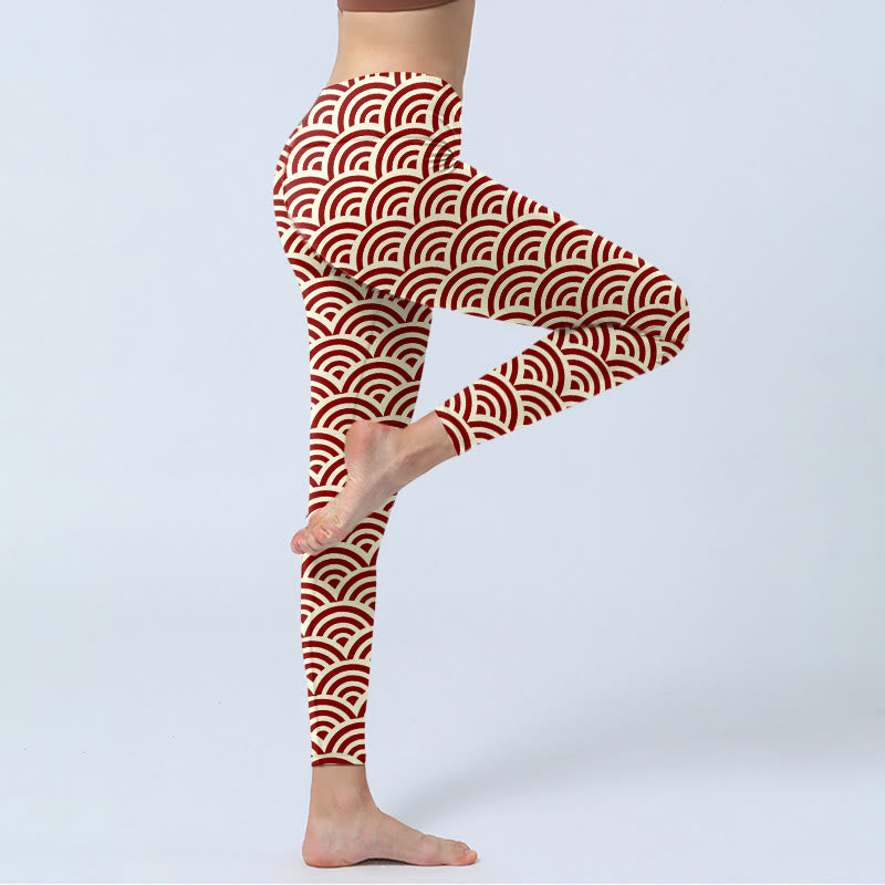 Red Beige Fan Shapes Print Gym Leggings Women's Yoga Pants - Image 4