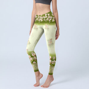 Pink Flowers Green Leaves Print Gym Leggings Women's Yoga Pants