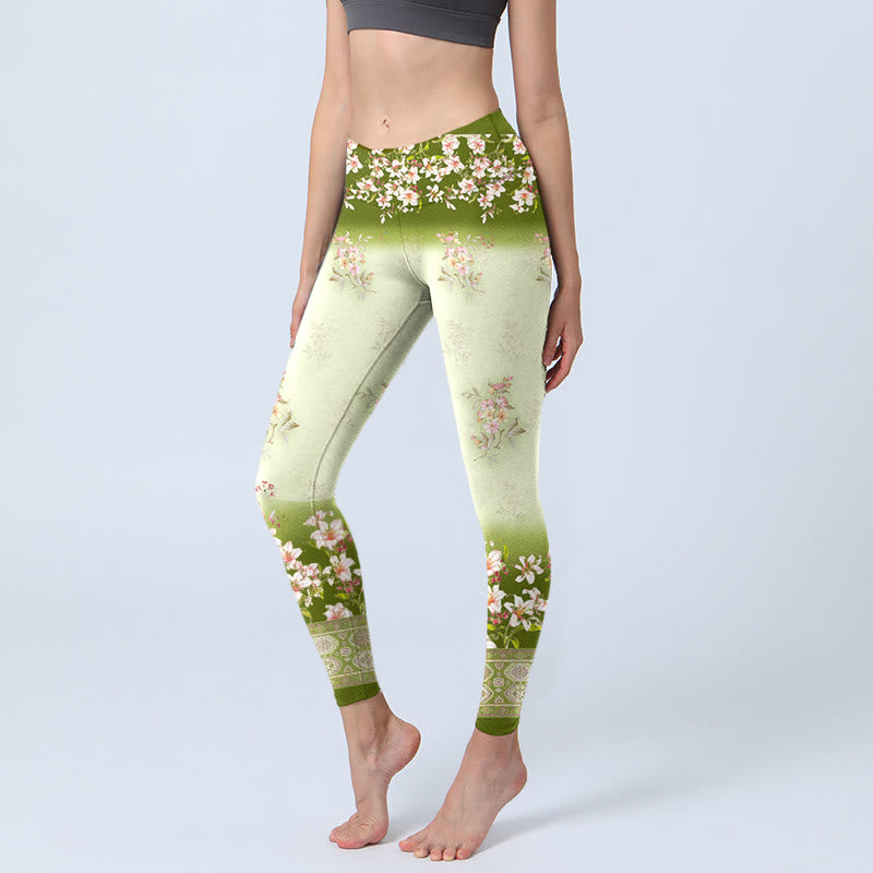 Pink Flowers Green Leaves Print Gym Leggings Women's Yoga Pants