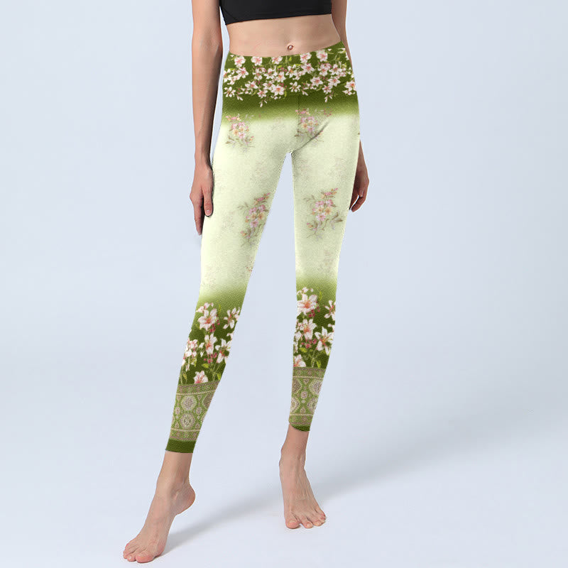 Pink Flowers Green Leaves Print Gym Leggings Women's Yoga Pants - Image 6