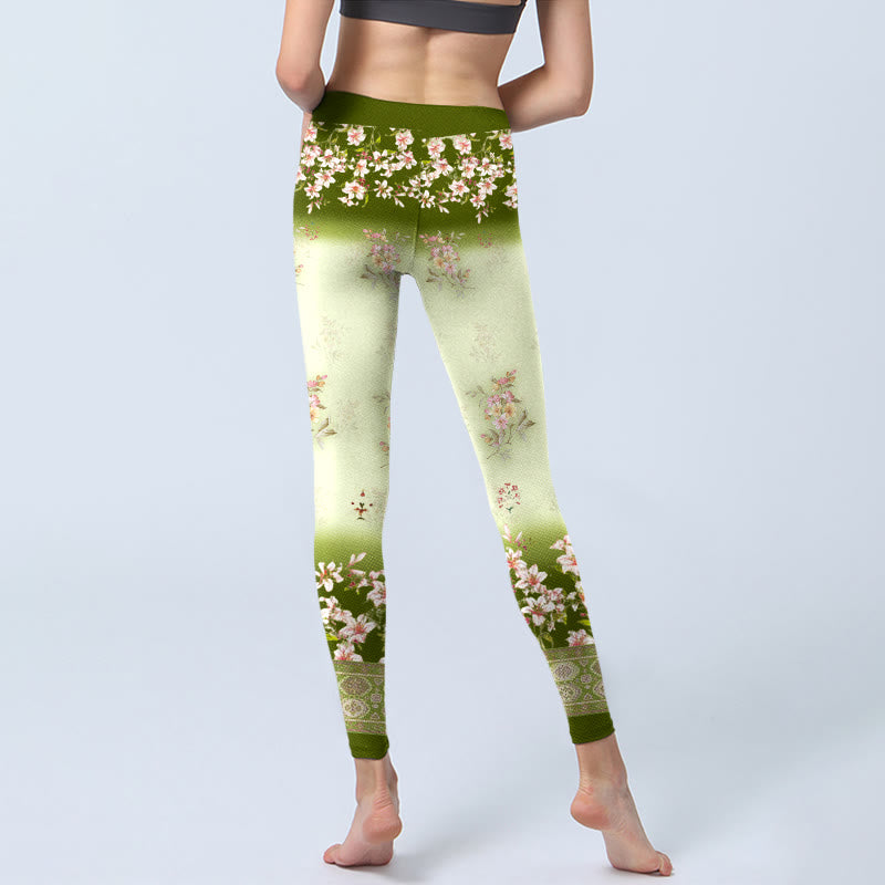 Pink Flowers Green Leaves Print Gym Leggings Women's Yoga Pants - Image 7