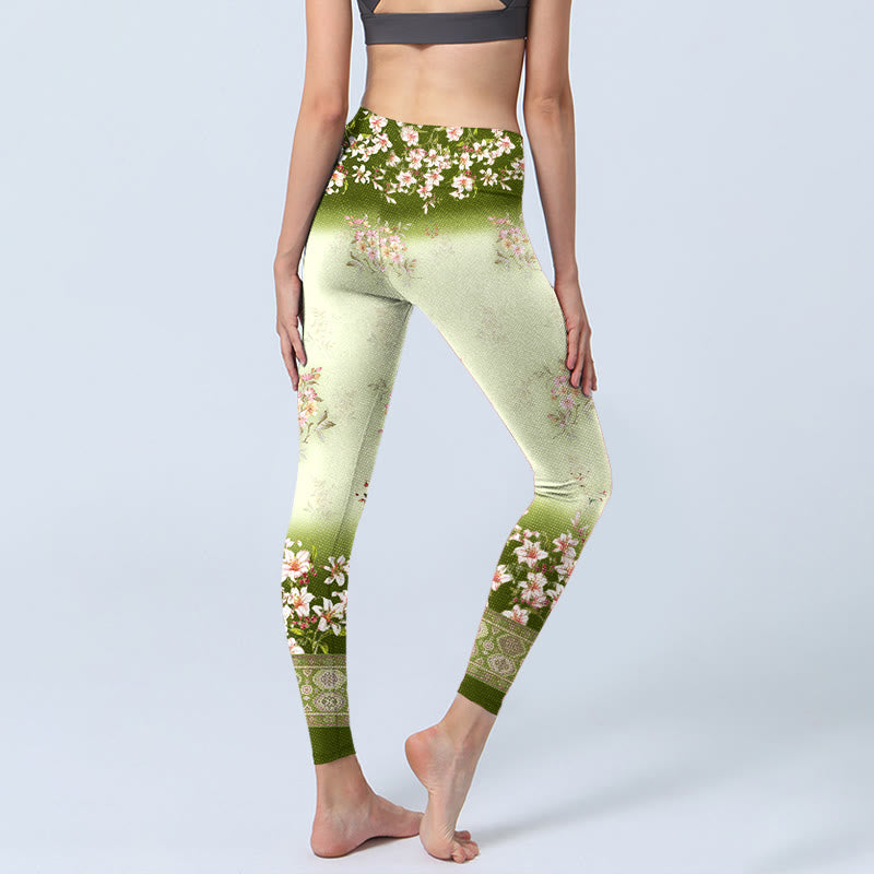 Pink Flowers Green Leaves Print Gym Leggings Women's Yoga Pants - Image 5