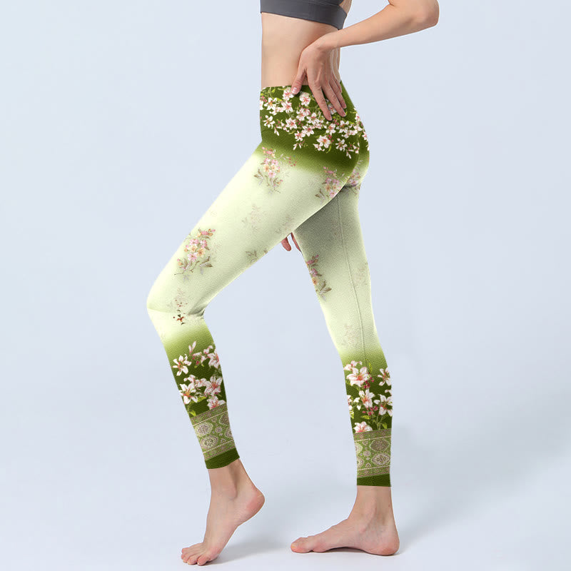 Pink Flowers Green Leaves Print Gym Leggings Women's Yoga Pants - Image 3