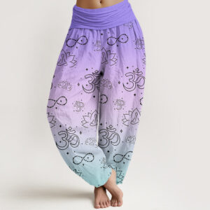 OM Symbol Lotus Meditating Figure Infinity Pattern Women's Elastic Waist Harem Pants