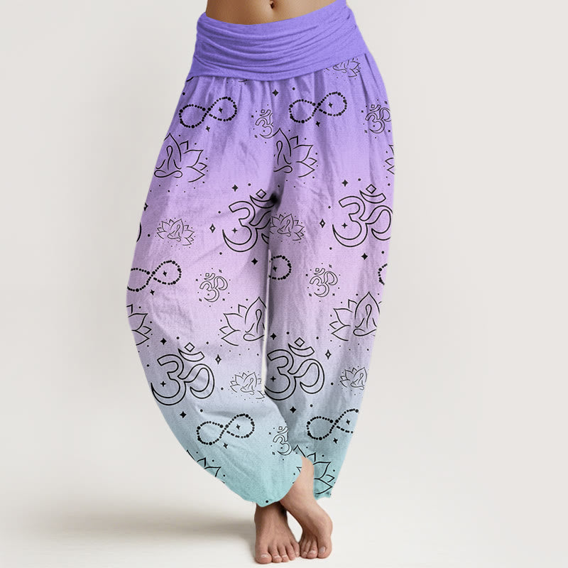 OM Symbol Lotus Meditating Figure Infinity Pattern Women's Elastic Waist Harem Pants