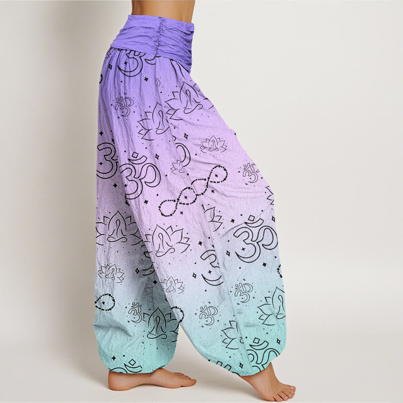 OM Symbol Lotus Meditating Figure Infinity Pattern Women's Elastic Waist Harem Pants - Image 3