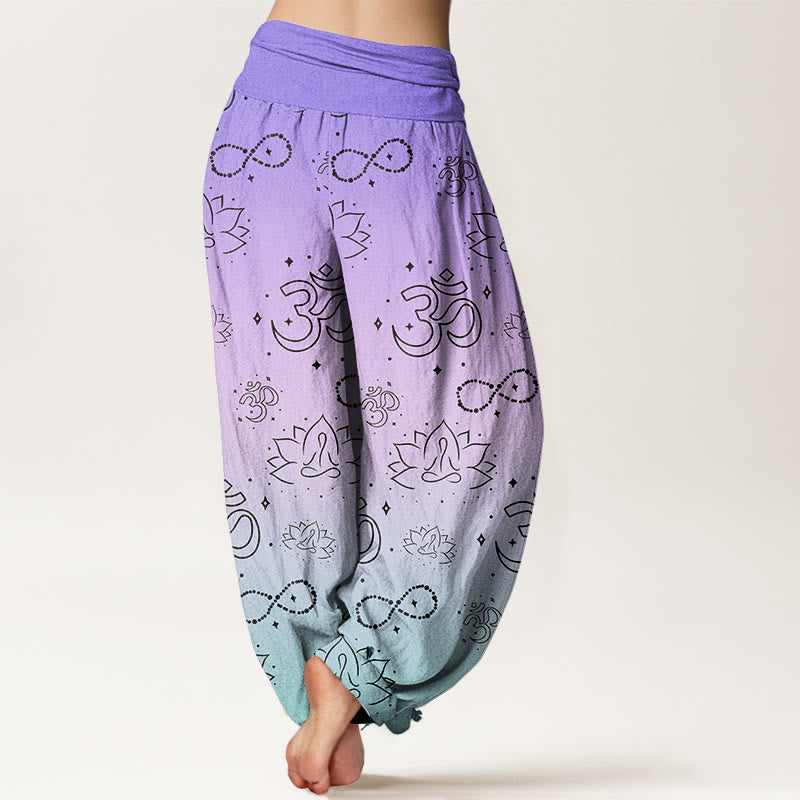 OM Symbol Lotus Meditating Figure Infinity Pattern Women's Elastic Waist Harem Pants - Image 2