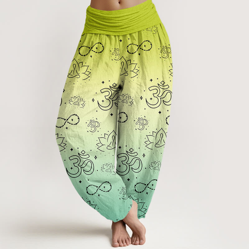 OM Symbol Lotus Meditating Figure Infinity Pattern Women's Elastic Waist Harem Pants - Image 5
