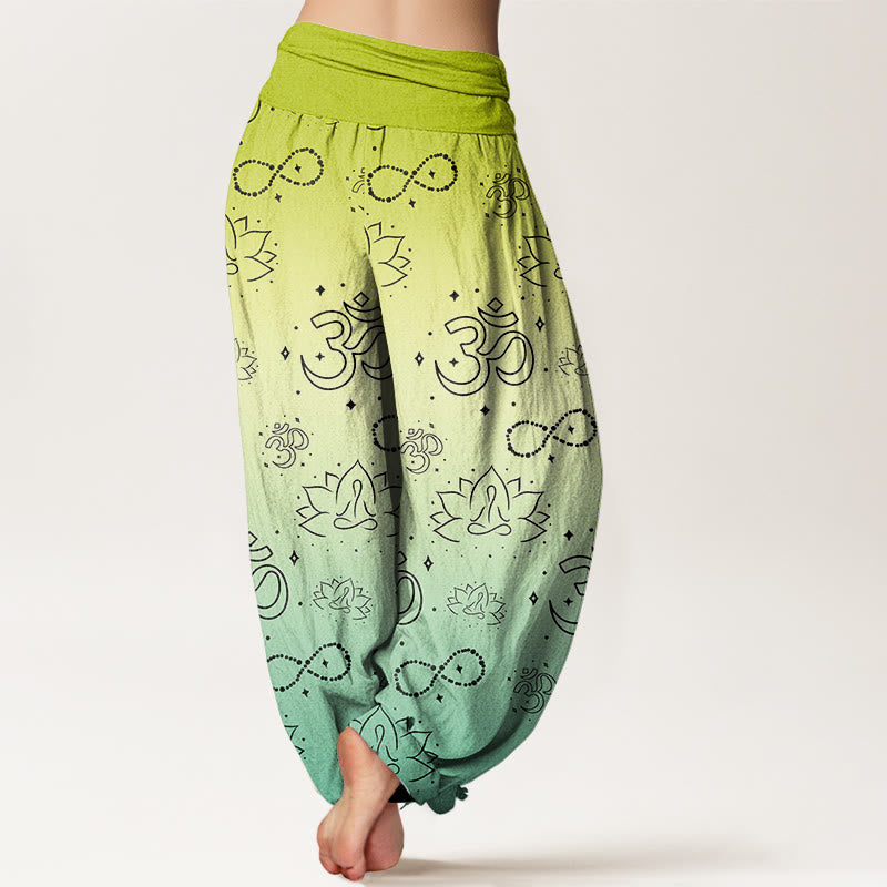 OM Symbol Lotus Meditating Figure Infinity Pattern Women's Elastic Waist Harem Pants - Image 6