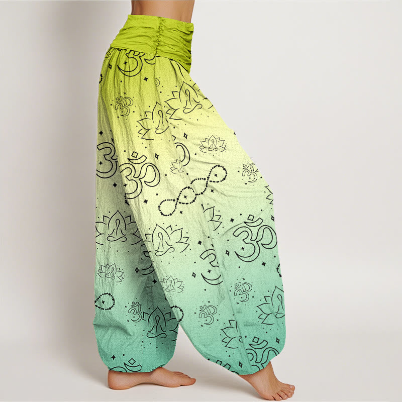 OM Symbol Lotus Meditating Figure Infinity Pattern Women's Elastic Waist Harem Pants - Image 7