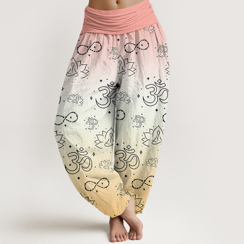 OM Symbol Lotus Meditating Figure Infinity Pattern Women's Elastic Waist Harem Pants - Image 8