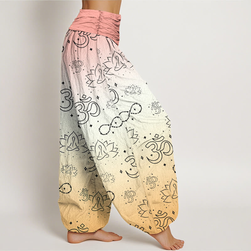 OM Symbol Lotus Meditating Figure Infinity Pattern Women's Elastic Waist Harem Pants - Image 10