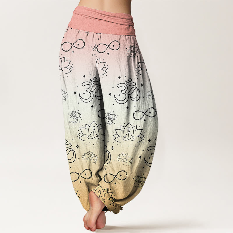OM Symbol Lotus Meditating Figure Infinity Pattern Women's Elastic Waist Harem Pants - Image 9