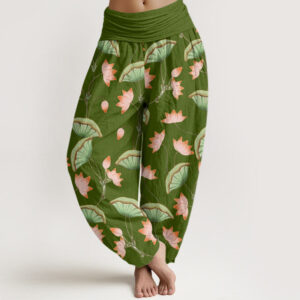 Pink Lotus Flowers Lush Green Leaves Pattern Women's Elastic Waist Harem Pants
