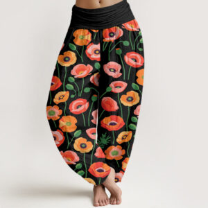 Red Orange Flowers Pattern Women's Elastic Waist Harem Pants
