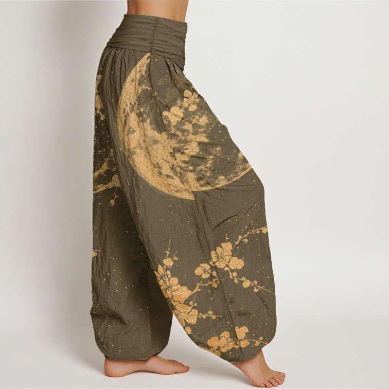 Pure Cotton Golden Plum Blossom Full Moon Pattern Women's Elastic Waist Harem Pants - Image 8
