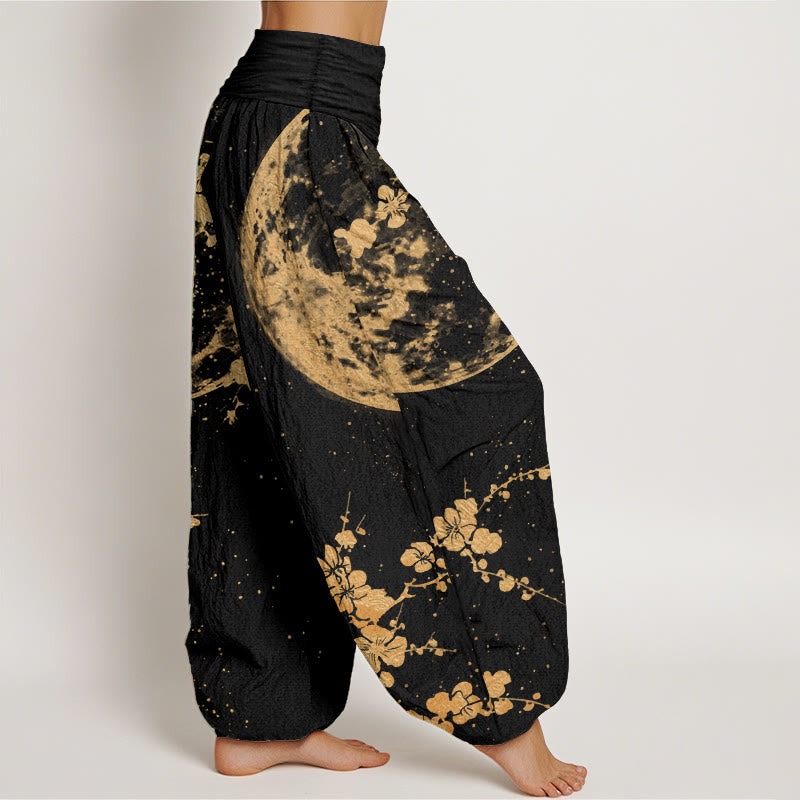 Pure Cotton Golden Plum Blossom Full Moon Pattern Women's Elastic Waist Harem Pants - Image 3