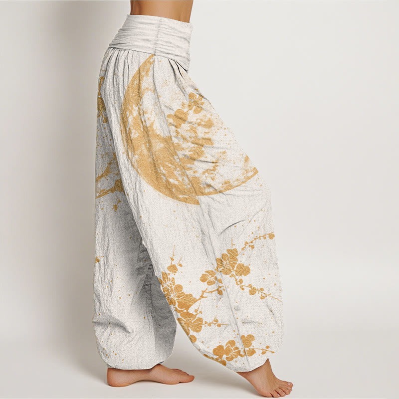 Pure Cotton Golden Plum Blossom Full Moon Pattern Women's Elastic Waist Harem Pants - Image 11