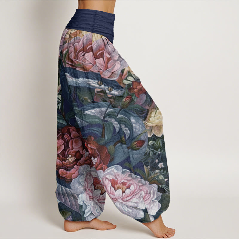 Pure Cotton Snake Peony Flowers Leaf Pattern Women's Elastic Waist Harem Pants - Image 11