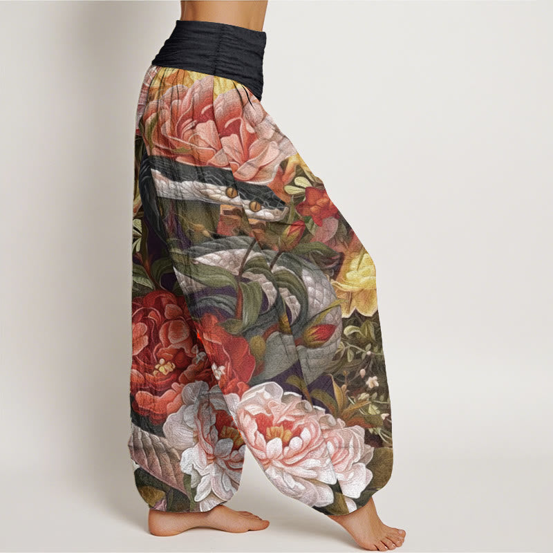 Pure Cotton Snake Peony Flowers Leaf Pattern Women's Elastic Waist Harem Pants - Image 3