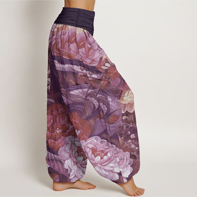 Pure Cotton Snake Peony Flowers Leaf Pattern Women's Elastic Waist Harem Pants - Image 8