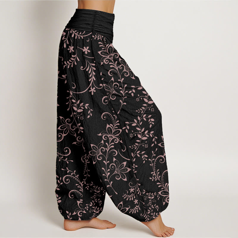 Pure Cotton Casual Flowers Vine Design Women's Elastic Waist Harem Pants - Image 11