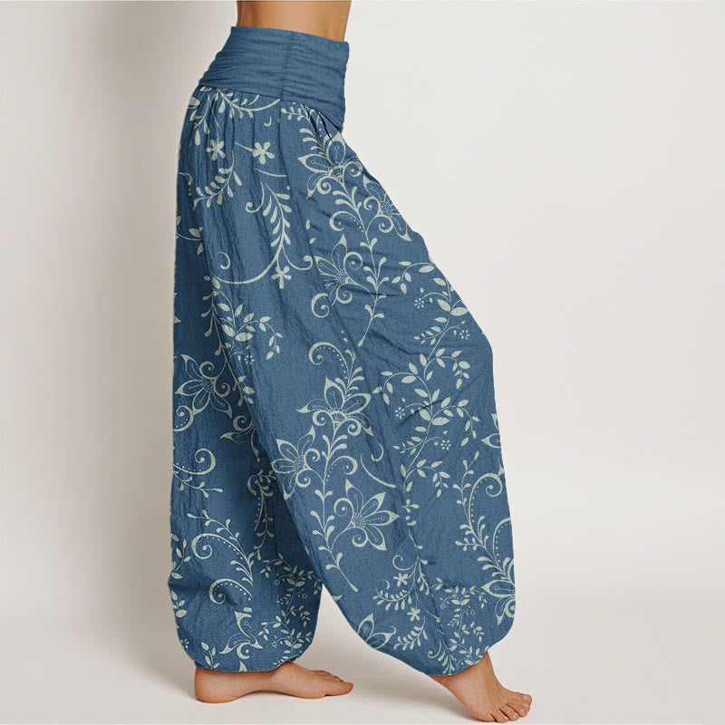 Pure Cotton Casual Flowers Vine Design Women's Elastic Waist Harem Pants - Image 3