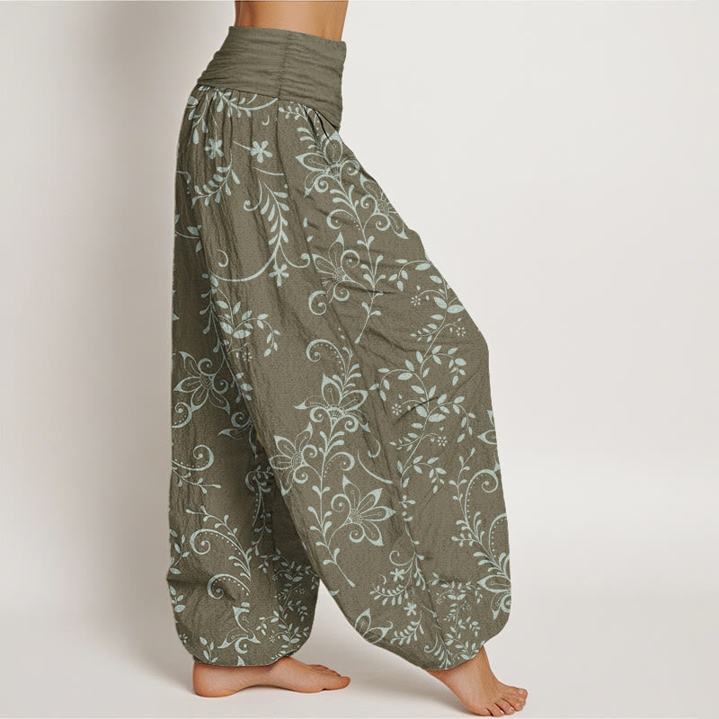 Pure Cotton Casual Flowers Vine Design Women's Elastic Waist Harem Pants - Image 8
