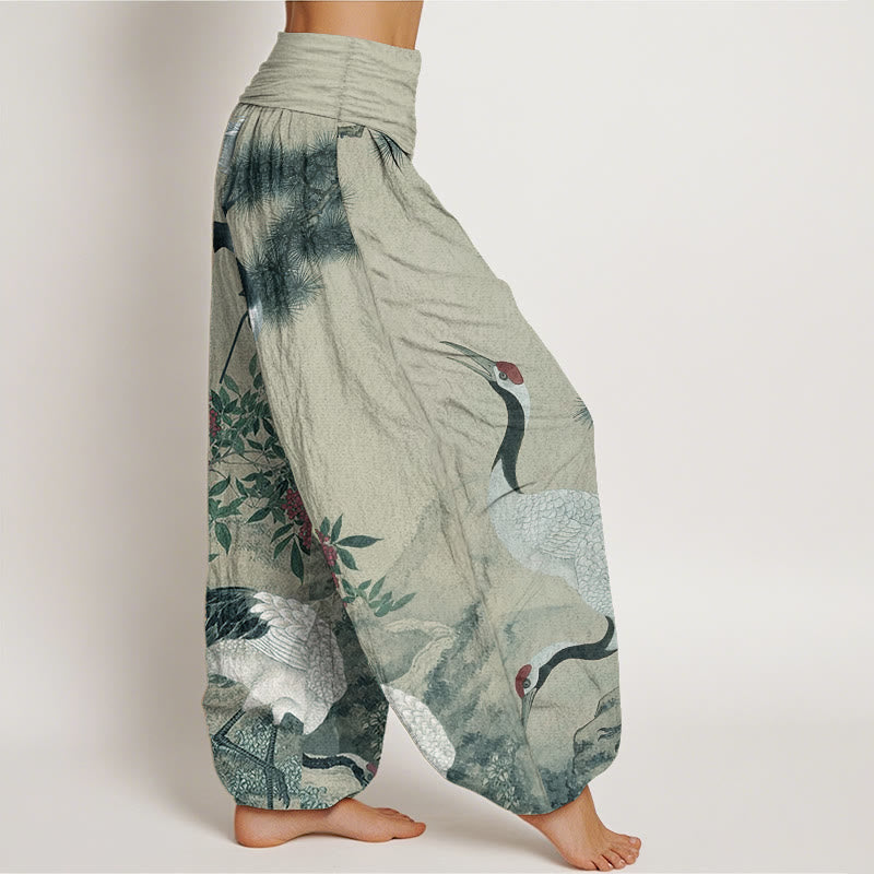 Pure Cotton Casual Red-crowned Crane Pine Tree Mountain Women's Elastic Waist Harem Pants - Image 8