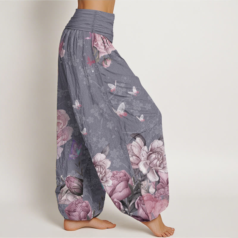 Pure Cotton Casual Bright Peony Flower Butterfly Women's Elastic Waist Harem Pants - Image 3