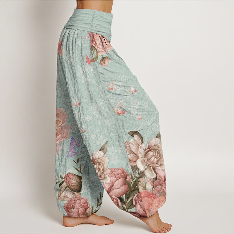 Pure Cotton Casual Bright Peony Flower Butterfly Women's Elastic Waist Harem Pants - Image 11