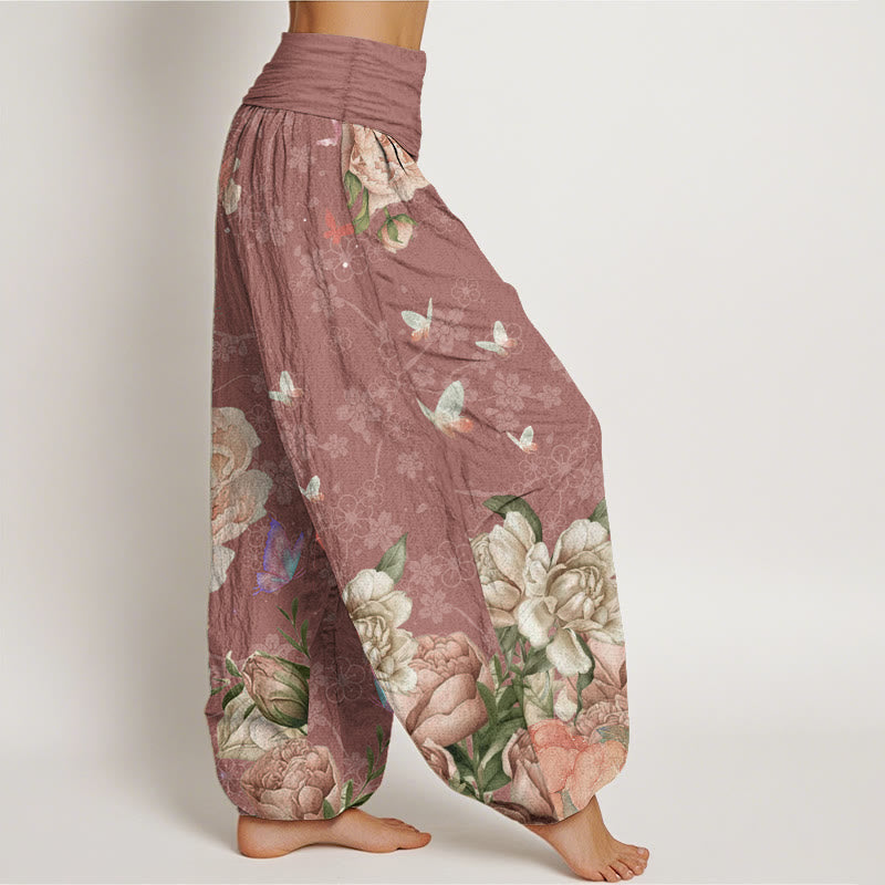 Pure Cotton Casual Bright Peony Flower Butterfly Women's Elastic Waist Harem Pants - Image 8