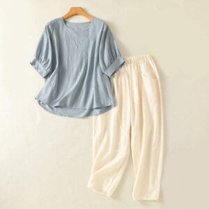2pcs Plain Women's Short Sleeve Shirt Harem Pants Meditation Clothing Set