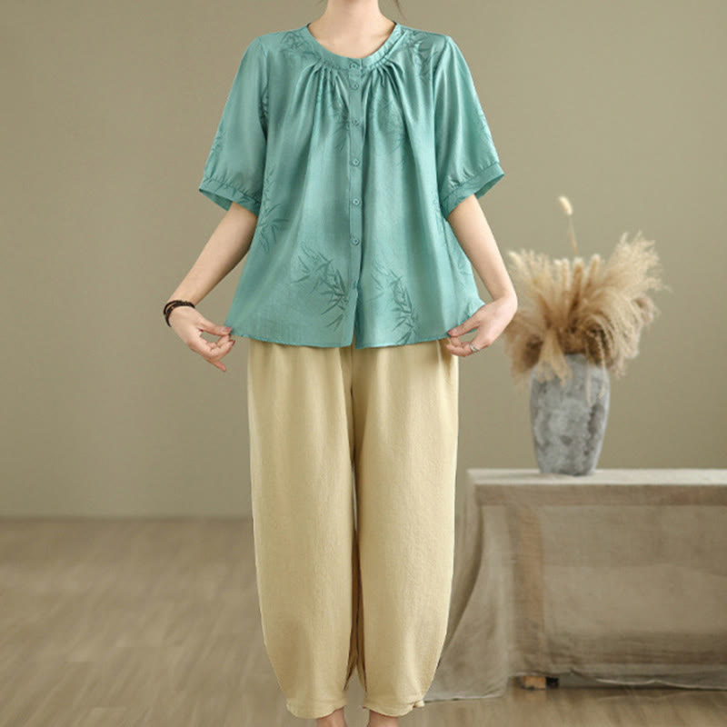 2pcs Casual Women's Short Sleeve Shirt Harem Pants Meditation Clothing Set - Image 3