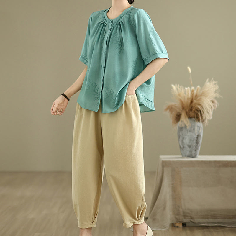 2pcs Casual Women's Short Sleeve Shirt Harem Pants Meditation Clothing Set - Image 4